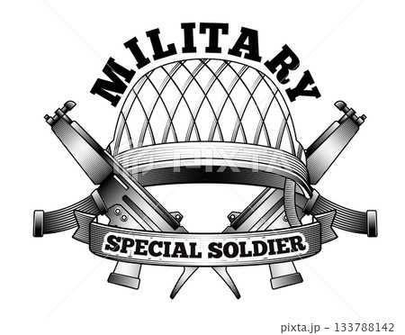 Vintage woodcut style military logo illustration soldier helmet and crossed assault rifle weapons with ribbon banner text for army special force badge war combat emblem Vintage woodcut style military logo illustration soldier helmet and crossed assault rifle weapons with ribbon banner text for army special force badge war combat emblem 133788142