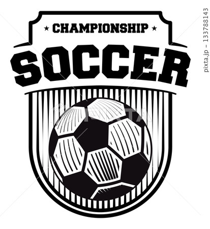 Vector illustration of soccer football championship logo ball inside shield badge vintage engraving style for sport team mascot or league emblem design 133788143