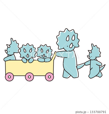 お散歩カーで散歩中のトリケラトプスの親子のイラスト お散歩カーで散歩中のトリケラトプスの親子のイラスト 133788791