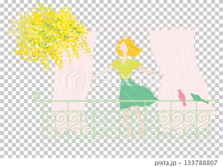 一位女士在陽台上享受著春風。 133788807