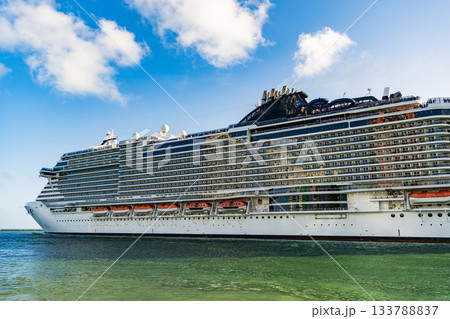View of luxury liner. Ship leaving Miami beach port. Luxury sea vacation. Cruise ship vacation. Majestic cruise ship in vacation summer. Cruise ship vacation and travel at sea. Travel tips 133788837
