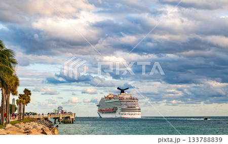 Miami, Florida, USA - December 23, 2024: Cruise ship tour and travel at sea. Ship departing Miami port. Carnival Magic cruise ship voyage. Cruise in summer vacation. Carnival cruise line 133788839