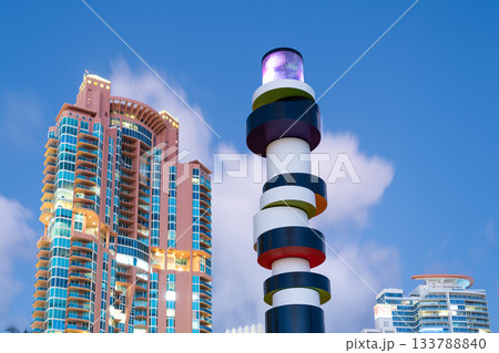 Urban park in Miami Beach. South beach architecture. Famous monument in South Pointe Park, Florida. Travel destination. South Pointe Park. Landmark architecture. Lighthouse sculpture 133788840