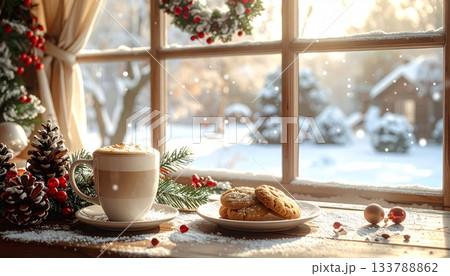 雪景色のクリスマスカフェ 窓辺の席 コーヒーとクッキー 雪景色のクリスマスカフェ 窓辺の席 コーヒーとクッキー 133788862