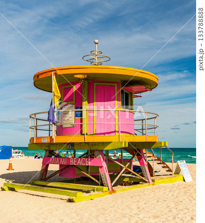 Lifeguard over Miami beach. Seascape of famous coastline in Florida. 133788888