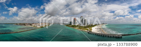Panorama of Miami Beach skyline. Drone shot of Miami Beach cityscape. Top view of South Miami Beach and the ocean. Miami Beach skyline with skyscrapers and coastline from above. 133788900