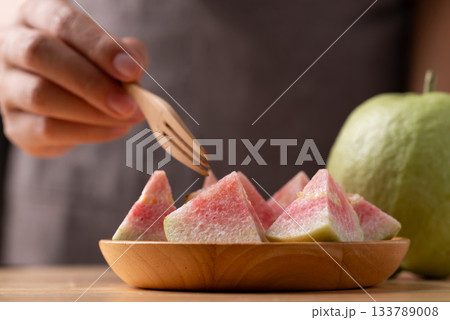 Fresh cut red guava ready to eating, Tropical fruit high vitamin C Fresh cut red guava ready to eating, Tropical fruit high vitamin C 133789008
