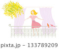 バルコニーで春風を浴びる女性（カラバリあり） 133789209