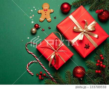 Festive holiday scene with red gifts, wrapped presents Festive holiday scene with red gifts, wrapped presents 133789550