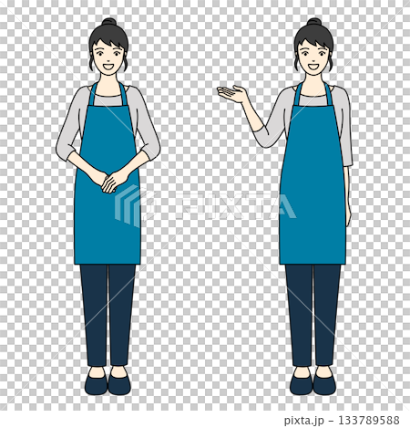 Full-body illustration of a woman in a blue apron and trousers smiling and bowing or giving directions 133789588