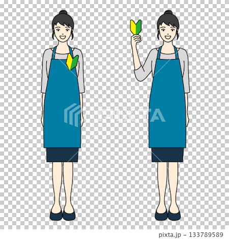 Full-body illustration of a woman in a blue apron posing with a smile wearing a new employee mark 133789589