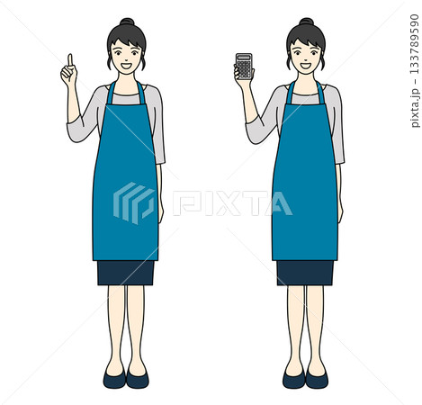 笑顔で電卓を持つ女性と指差しポーズを取る青いエプロン姿の女性の全身イラスト 笑顔で電卓を持つ女性と指差しポーズを取る青いエプロン姿の女性の全身イラスト 133789590