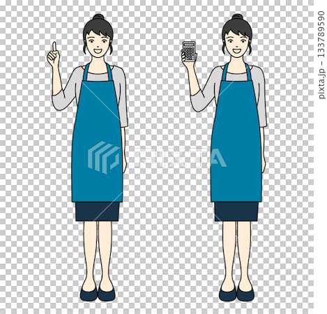 笑顔で電卓を持つ女性と指差しポーズを取る青いエプロン姿の女性の全身イラスト 笑顔で電卓を持つ女性と指差しポーズを取る青いエプロン姿の女性の全身イラスト 133789590