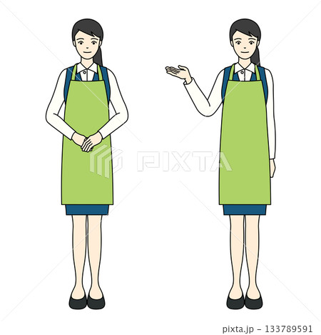 笑顔でお辞儀や案内をする緑のエプロンとシャツ姿の女性の全身イラスト 133789591