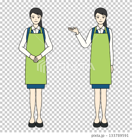 笑顔でお辞儀や案内をする緑のエプロンとシャツ姿の女性の全身イラスト 133789591