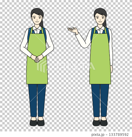 笑顔でお辞儀や案内をする緑のエプロンとズボン姿の女性の全身イラスト 133789592