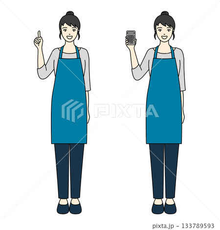 笑顔で電卓を持つ女性と指差しポーズを取る青いエプロンとズボン姿の女性の全身イラスト 133789593