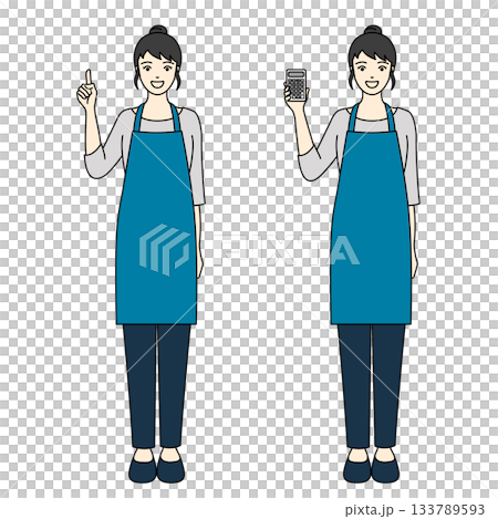 A full-body illustration of a smiling woman holding a calculator and a woman wearing a blue apron and pants pointing 133789593