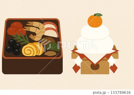 お正月料理・鏡餅イラストセット 133789616