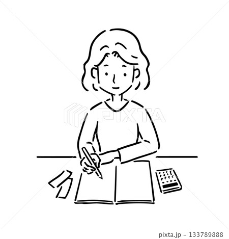 手書きの家計簿をつけている若い女性・線画 133789888
