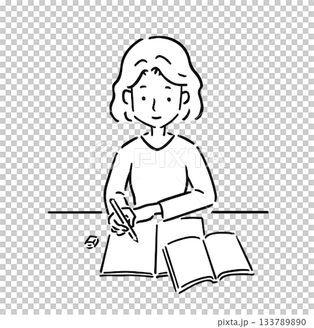 A young woman studying with her notebook and textbook open - line drawing A young woman studying with her notebook and textbook open - line drawing 133789890