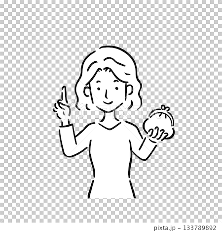 一位年輕女子手持錢包,食指向上伸出──線條畫 一位年輕女子手持錢包,食指向上伸出──線條畫 133789892