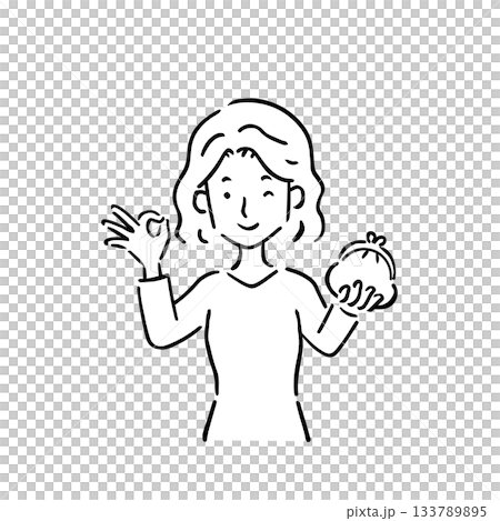 一位年輕女子手持錢包，做出「OK」手勢——線條畫 133789895