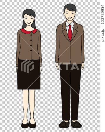 Smiling business man and woman in brown uniforms and suits facing forward (full body) 133789954