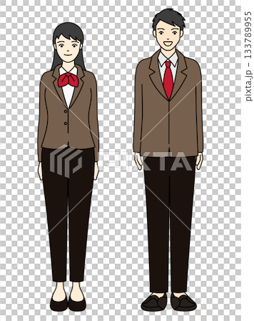 一位身著正式服裝的職業女性雙手交握，筆直站立。 133789955