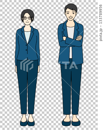 Full-body illustration of smiling men and women standing in blue casual suits Full-body illustration of smiling men and women standing in blue casual suits 133789956