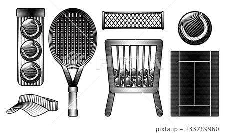 Hand drawn vector illustration set tennis sport equipment racket balls net basket court and sun visor cap in vintage engraving style black woodcut 133789960