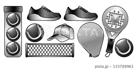 Vector illustration set of padel sport equipment racket balls in tube sneakers net in vintage engraving style black and white scratchboard design for paddle club Vector illustration set of padel sport equipment racket balls in tube sneakers net in vintage engraving style black and white scratchboard design for paddle club 133789961