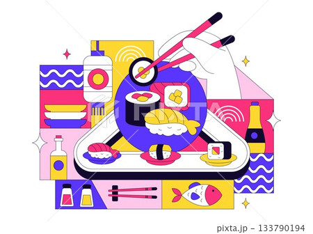 Sushi Bar Vector Illustration Featuring Japanese Asian Food or Restaurant Serving Sashimi, Rice, Soy Sauce, and Wasabi in a Flat Background 133790194
