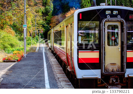 秋の只見線早戸駅に停車する列車(福島県三島町、11月上旬) 秋の只見線早戸駅に停車する列車(福島県三島町、11月上旬) 133790221