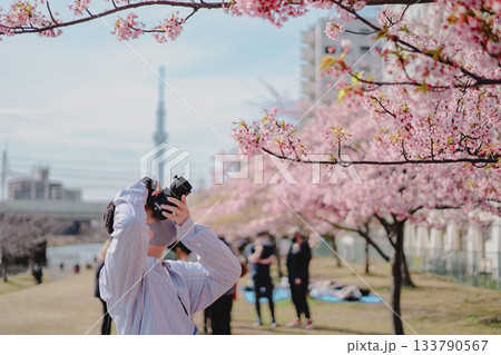桜の咲く公園で写真を撮る男性 桜の咲く公園で写真を撮る男性 133790567