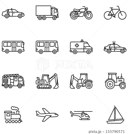 A collection of sixteen black and white line-art icons depicting various modes of transportation and specialized vehicles, including cars, trucks, buses, emergency vehicles, construction equipment, an A collection of sixteen black and white line-art icons depicting various modes of transportation and specialized vehicles, including cars, trucks, buses, emergency vehicles, construction equipment, an 133790571