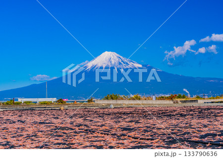 【静岡県】富士川河川敷の桜エビの天日干しと富士山 【静岡県】富士川河川敷の桜エビの天日干しと富士山 133790636