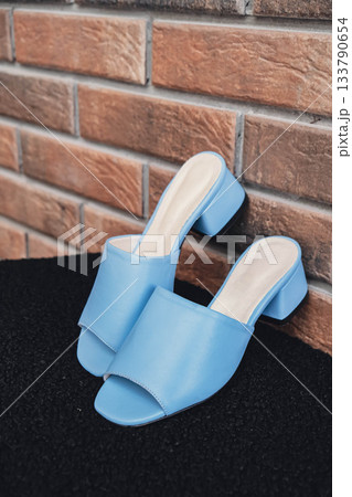 Elegant blue leather womens shoes blank product for branding displayed. New casual female sneakers no-brand footwear e-commerce. No logo product unbranded fashion 133790654