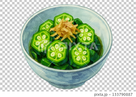 Watercolor illustration of boiled okra (bonito flakes, small bowl, transparent background) 133790887