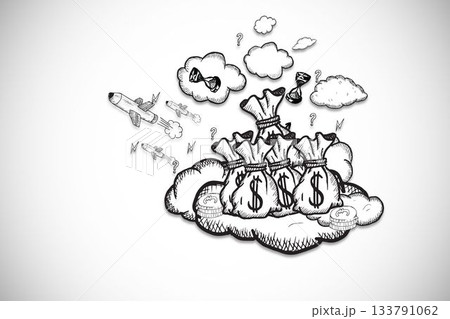 Showing sketch of three money bags on cloud, surrounded by conceptual doodles on white canvas Showing sketch of three money bags on cloud, surrounded by conceptual doodles on white canvas 133791062