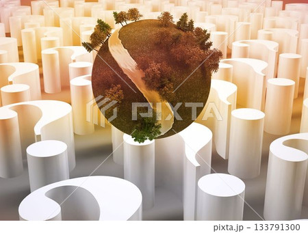 Earth with trees floating over question marks 133791300