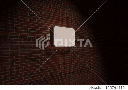 Rectangular illuminated sign box is casting glow onto dark red brick wall in flat vector design Rectangular illuminated sign box is casting glow onto dark red brick wall in flat vector design 133791313