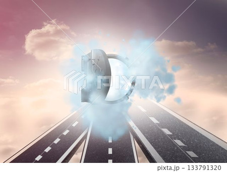 Open safe in dust cloud over streets in sky Open safe in dust cloud over streets in sky 133791320