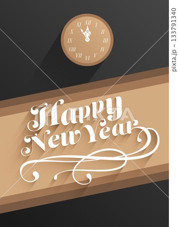 Flat design is showing New Year banner with analog clock and swirls on charcoal gray background 133791340