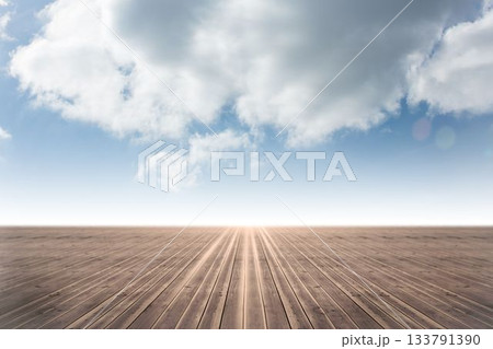 Wooden plank deck is stretching toward bright horizon in flat design, showcasing sunlight glow Wooden plank deck is stretching toward bright horizon in flat design, showcasing sunlight glow 133791390
