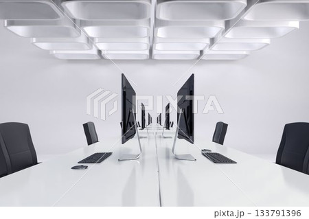 Flat design open-plan office is featuring white desk with black monitors, keyboards, mice, chairs Flat design open-plan office is featuring white desk with black monitors, keyboards, mice, chairs 133791396