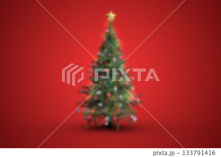 Evergreen tree is standing against red backdrop in flat vector, baubles, lights, star topper Evergreen tree is standing against red backdrop in flat vector, baubles, lights, star topper 133791416