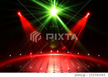 Perforated metal dance floor is glowing in flat design club, with colored spotlights and LED lights Perforated metal dance floor is glowing in flat design club, with colored spotlights and LED lights 133791443