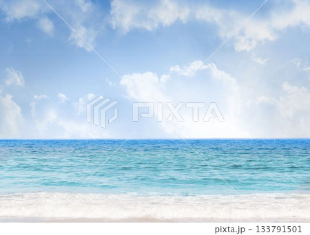 Flat design seascape is showing white sandy beach with turquoise waves under cumulus clouds 133791501