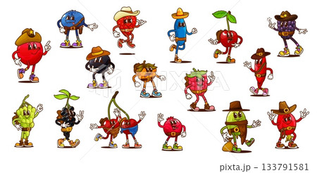 Cartoon groovy berry cowboy and sheriff characters, retro Western fruit food vector personages. Funny groovy strawberry, cherry, raspberry and cranberry fruits characters with Wild West hats and guns Cartoon groovy berry cowboy and sheriff characters, retro Western fruit food vector personages. Funny groovy strawberry, cherry, raspberry and cranberry fruits characters with Wild West hats and guns 133791581